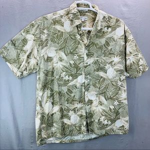 x Pierre Cardin Hawaiian Shirt Men Large Green 100% Cotton Tropical Print Casual